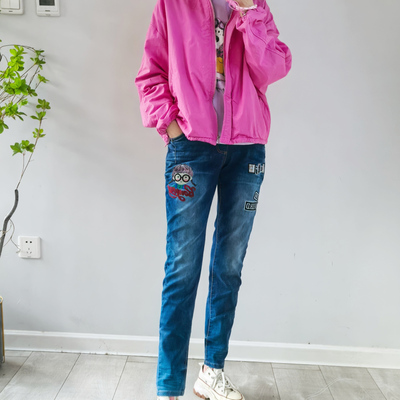 韩国进口NTG春夏新款字母小女孩可爱刺绣高腰弹力微垮牛仔裤女士