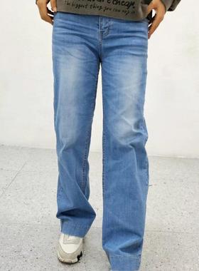 韩国进口aurora秋季新款松紧腰简约时尚宽松浅蓝色阔腿直筒牛仔裤