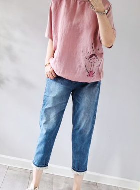 韩国进口nobody夏季新款蕾丝边小清新弹力微垮直筒七八分牛仔裤女