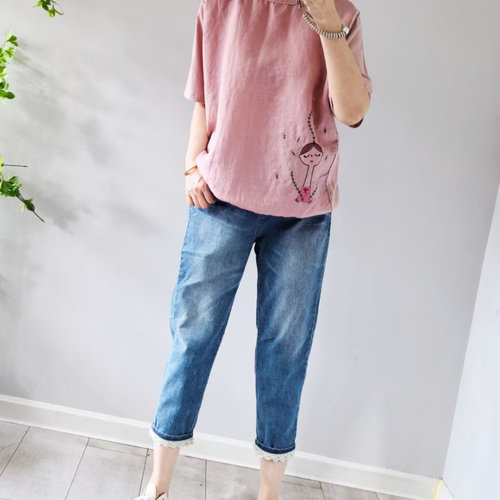 韩国进口nobody夏季新款蕾丝边小清新弹力微垮直筒七八分牛仔裤女