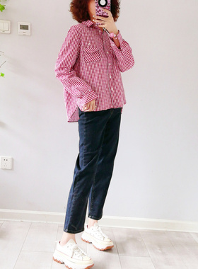 韩国进口2ne6秋季新款百搭深蓝色松紧腰高腰弹力直筒显瘦牛仔裤