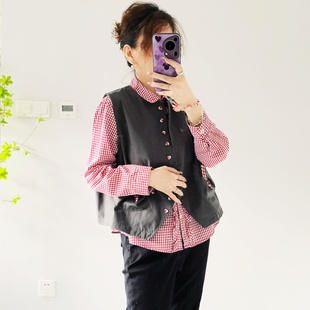 韩国bloom秋冬新款深灰拼接红格子纯棉宽松圆领口袋背心上衣马甲