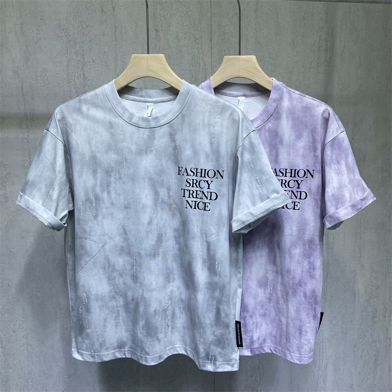 高街风扎染做旧字母印花短袖T恤男宽松潮牌百搭痞帅半袖潮2026夏