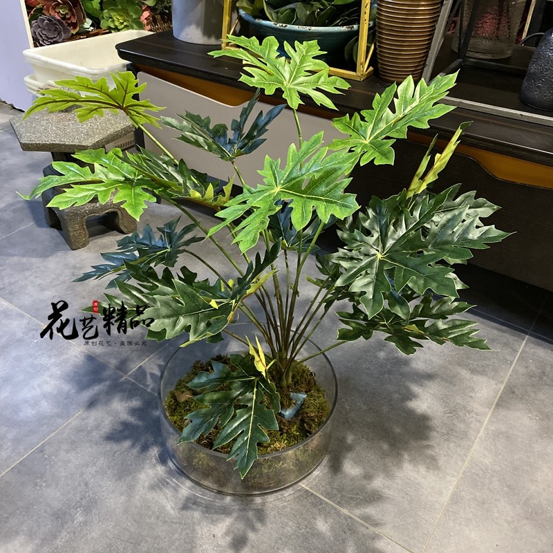 禅意轻奢装饰热带大叶子仿真八角金盘叶龟背叶木瓜叶插花落地造景