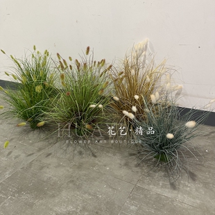 成品带底座兔尾草小草堆草丛仿真草地植物搭配花艺造景餐厅装饰