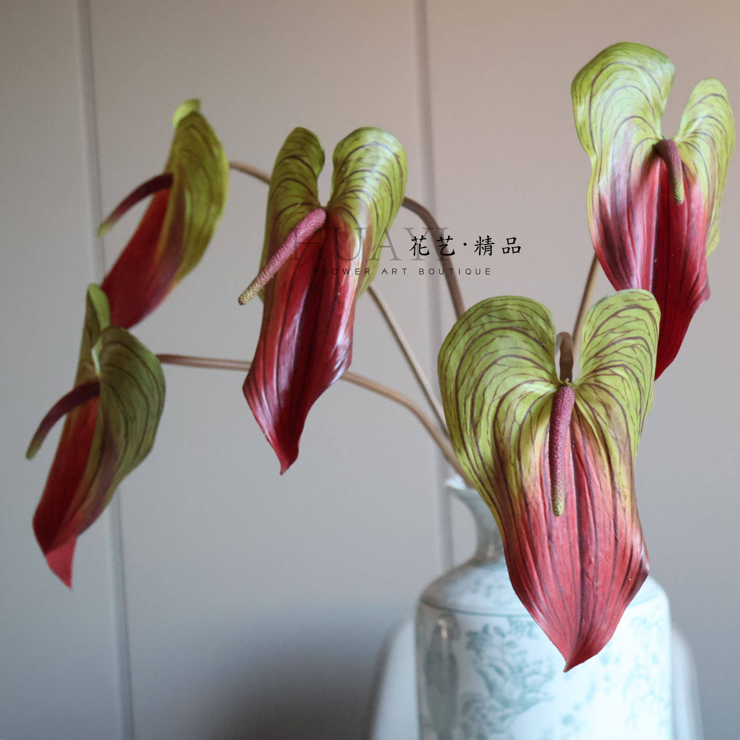 渐变色仿真花烛红掌火鹤热带植物网红绿植花艺装饰拍摄道具绿掌