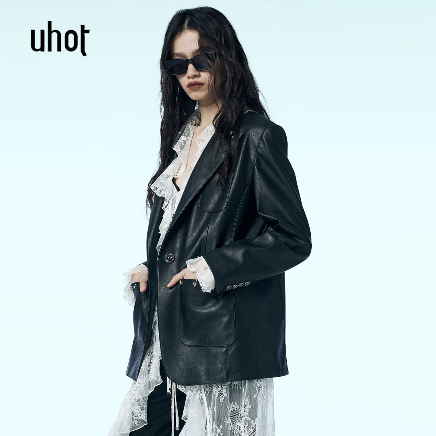 uhot | 诱货 正品专柜 设计师2025秋装 黑色 皮衣 西装 UWWA2N103