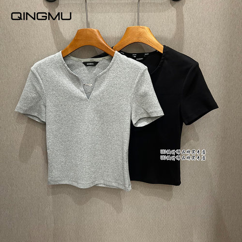 QINGMU | 轻慕 正品专柜 设计师品牌 26春夏 纯色小v领 短袖T恤