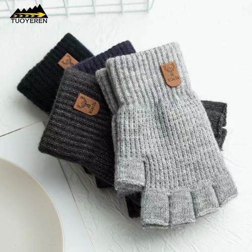 半指手套男士冬天保暖加绒加厚针织毛线露指学生写字骑行秋冬季男