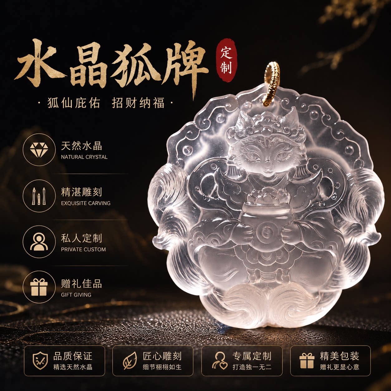 天然水晶手工雕刻原创私人定制九尾狐狸狐牌水晶项链转运吊坠