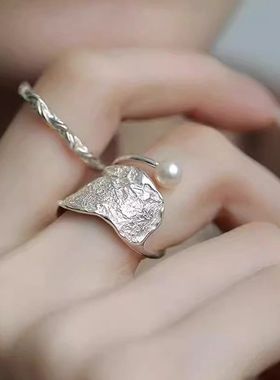 s925纯银双层珍珠戒指女2025新款小众设计轻奢高级感复古开口指环