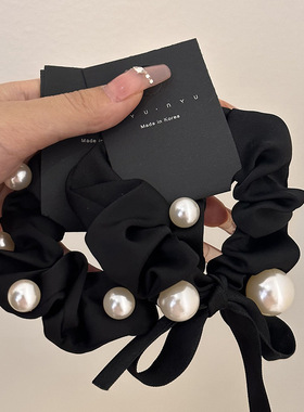 扎发蝴蝶结头饰饰品黑色珍珠头绳高马尾发绳高级感发圈皮筋女