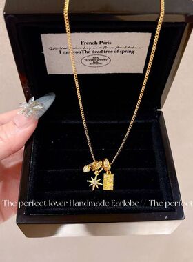 中古风沙金星月吊坠项链新款高级感轻奢小众颈链锁骨链女电镀真金