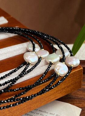 店主力荐天然淡水巴洛克珍珠项链人造黑尖晶石锁骨链