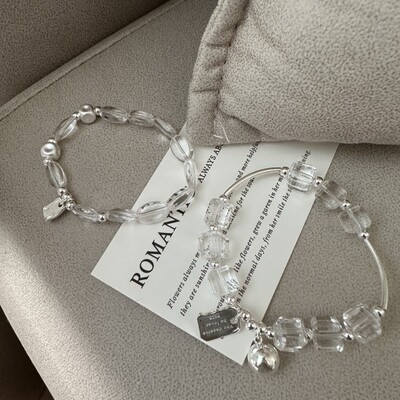 S925纯银韩版小众设计感白水晶手链韩版时尚INS风弹力绳手饰