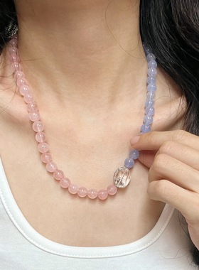 新中式复古国风天然粉水晶撞色蓝色石英岩玉天然白水晶项链颈