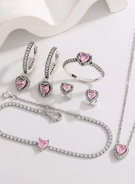 潘家白铜镀银闪耀粉心戒指耳钉耳环手链项链粉色爱心套装