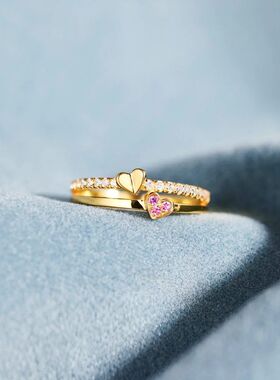 跨境热销 s925纯银双层上下双爱心戒指女简约时尚ins欧美风食指环