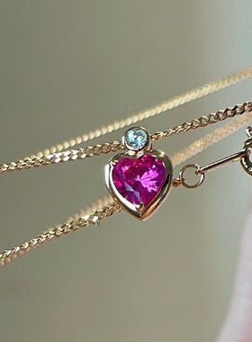 法式轻奢复古桃红钻爱心项链时尚简约精致小众设计甜美高级锁骨链