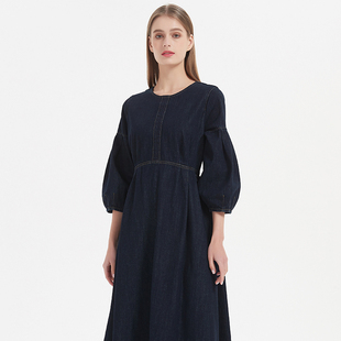 早春女装新款秋御姐轻熟风高级感小众圆领显瘦长款牛仔连衣裙复古