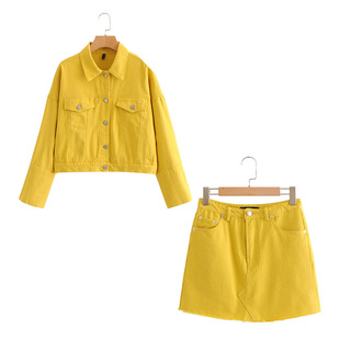 糖果色纯棉牛仔外套女短款宽松2019春季新款夹克上衣+牛仔半身裙