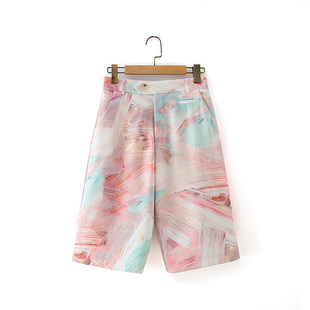 西装短裤女夏季薄款高腰显瘦小个子休闲粉色涂鸦阔腿直筒五分裤