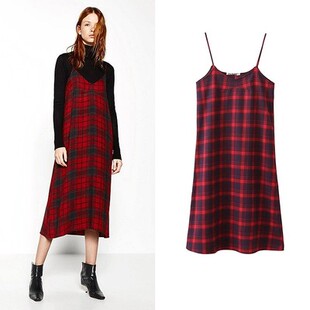 秋冬V领A字裙红蓝格子吊带连衣裙中长款显瘦纯棉背心裙背带裙直筒