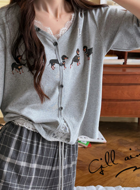 Gill Aimar小熊家家居服秋季长袖V领卡通蕾丝小狗格子睡衣套装女