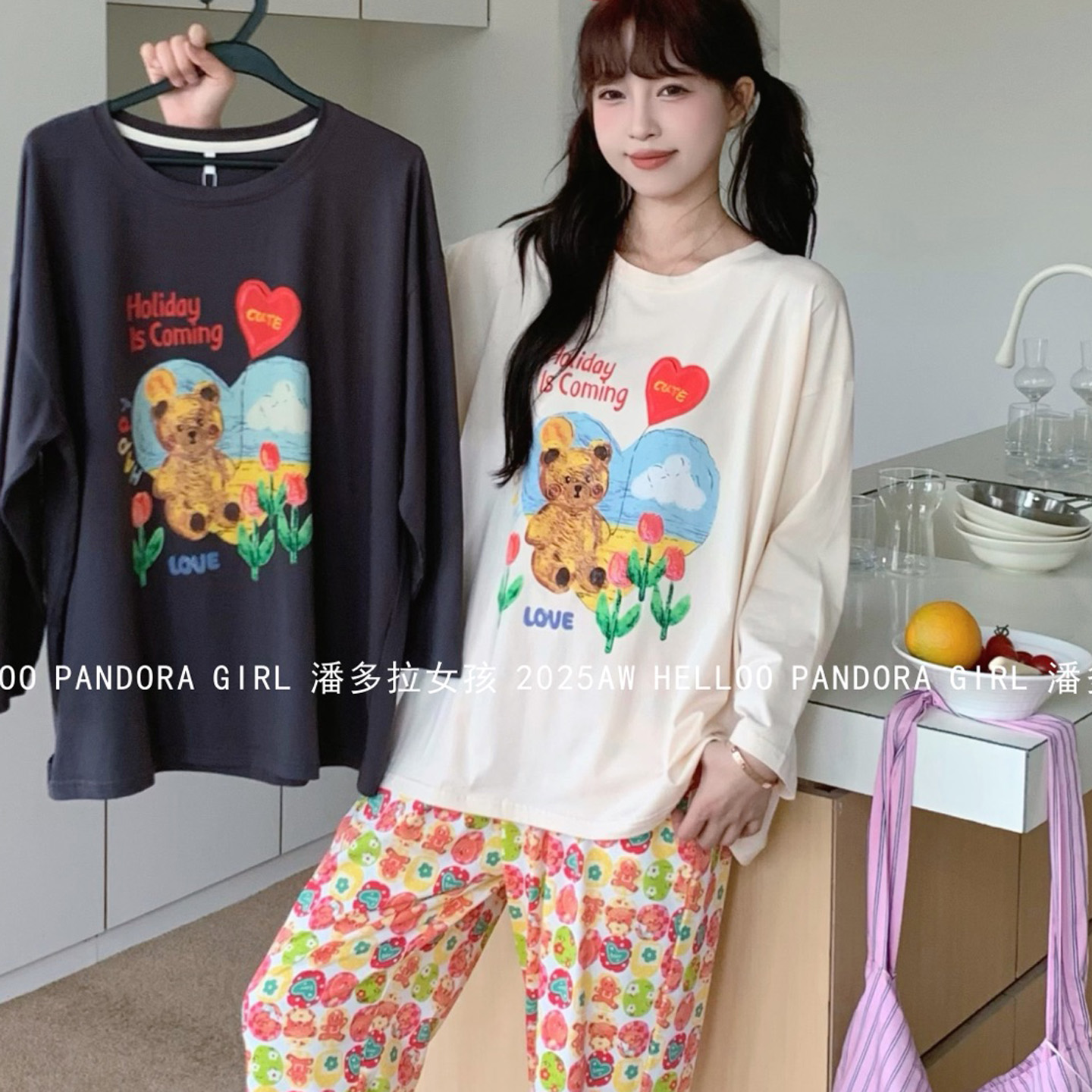 潘多拉女孩春秋季长袖长裤爱心气球小熊纯棉睡衣家居服套装 35016