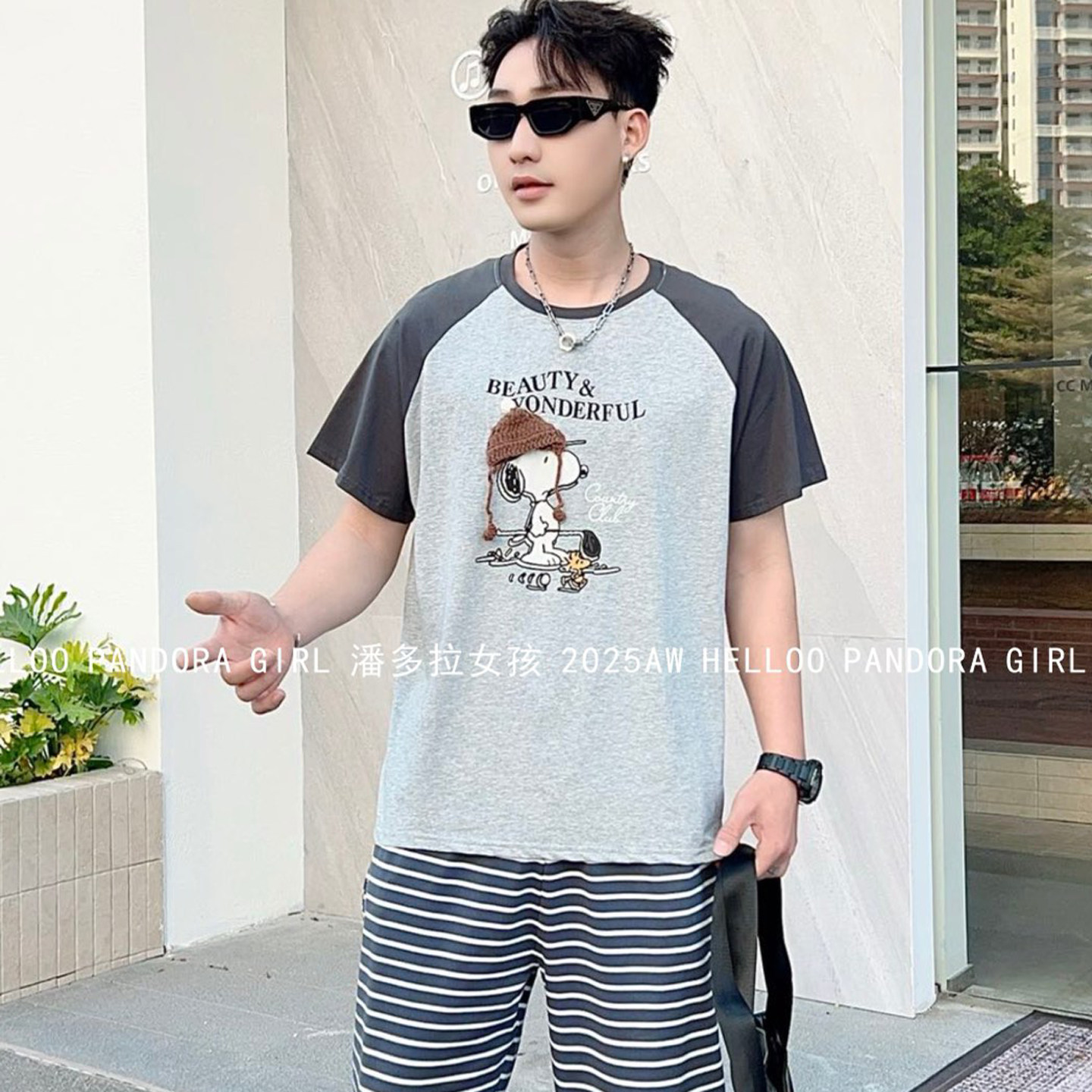 纯棉睡衣男款夏季短袖长裤帽子史努比插肩袖条纹裤家居服套装6663