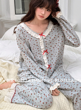 小熊家家居服秋季新品长袖长裤V领可爱甜美花边小红花碎花睡衣女