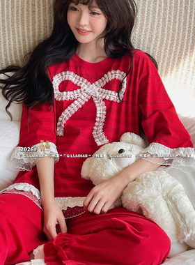 Gill Aimar小熊家睡衣女甜美花边本命年红色条纹可外穿家居服套装