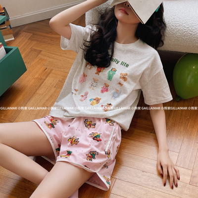 小熊家睡衣女夏季薄款短袖短裤卡通夏天可外穿家居服套装新款7119