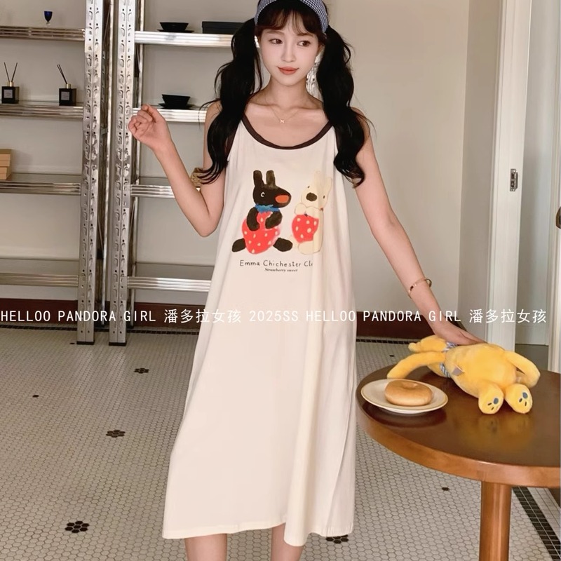 潘多拉女孩纯棉无袖吊带睡裙女夏季卡通家居服中长款睡衣裙 25166
