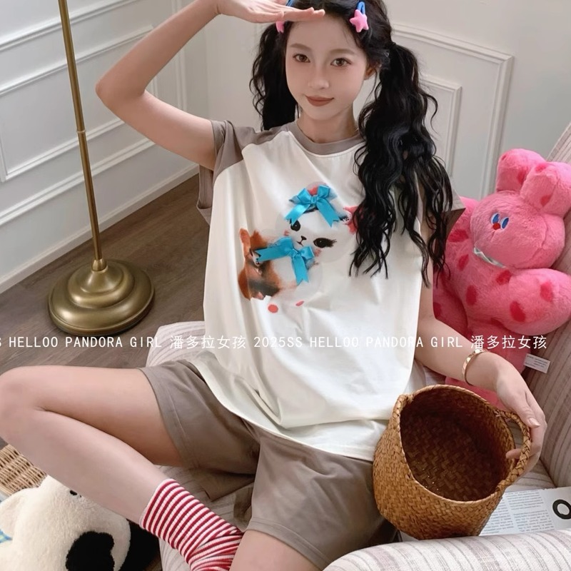 纯棉睡衣女款2025新款夏季短袖短裤插肩袖小猫薄家居服套装 25117