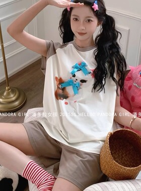 纯棉睡衣女款2025新款夏季短袖短裤插肩袖小猫薄家居服套装 25117