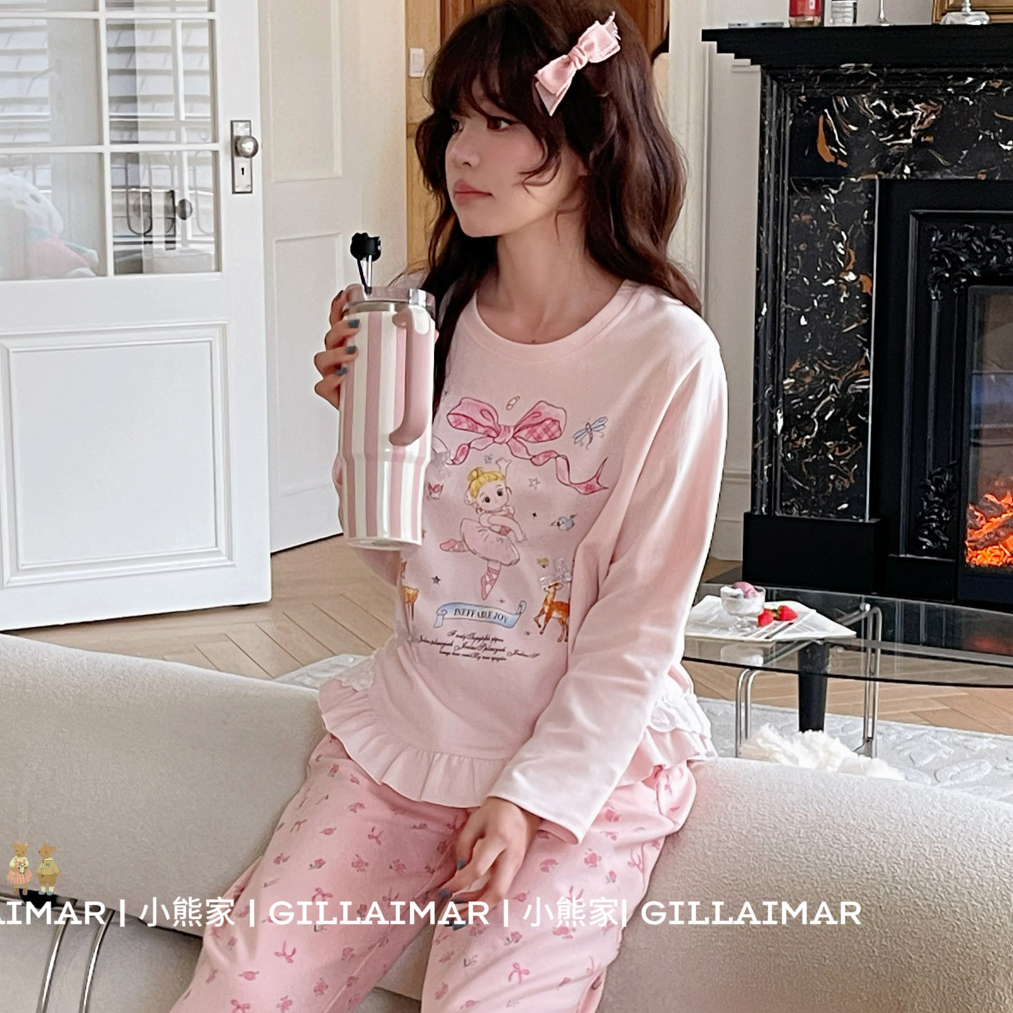 Gill Aimar小熊家睡衣女2025秋季新品芭蕾女孩长袖长裤家居服套装