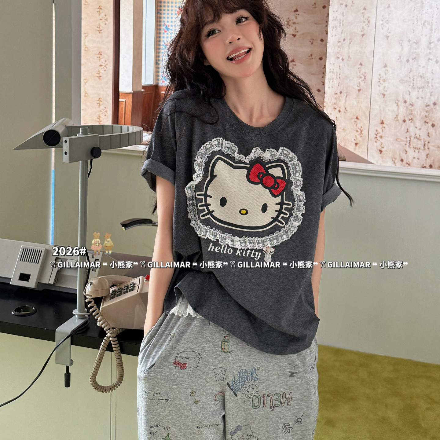 Gill Aimar小熊家睡衣女短袖长裤家居服套装花边KT猫2026夏季新款