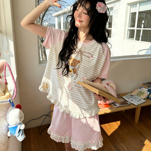 特价小熊家睡衣女生夏季短袖短裤丝光棉可外穿家居服夏天夏款套装