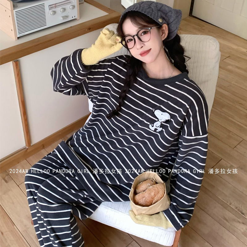 潘多拉女孩情侣奥丽绒条纹家居服