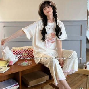Gill Aimar小熊家居服夏季可爱蝴蝶结长款八分袖睡衣套装女款8531