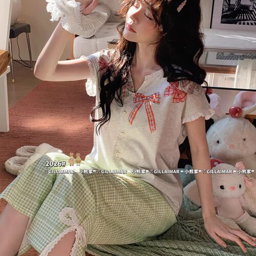 Gill Aimar小熊家睡衣女夏季甜美蝴蝶结八分裤短袖家居服套装8557