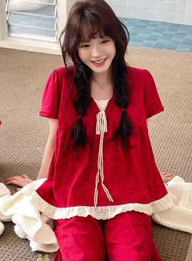 Gill Aimar小熊家睡衣女甜美碎花薄款本命年红色可外穿家居服套装