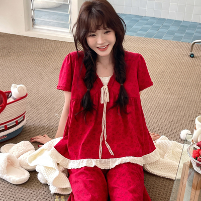 Gill Aimar小熊家睡衣女甜美碎花薄款本命年红色可外穿家居服套装