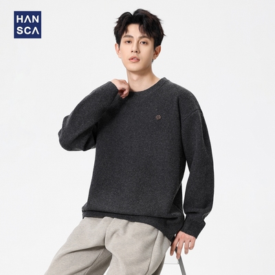 hansca640g宽松圆领深灰色毛衣男