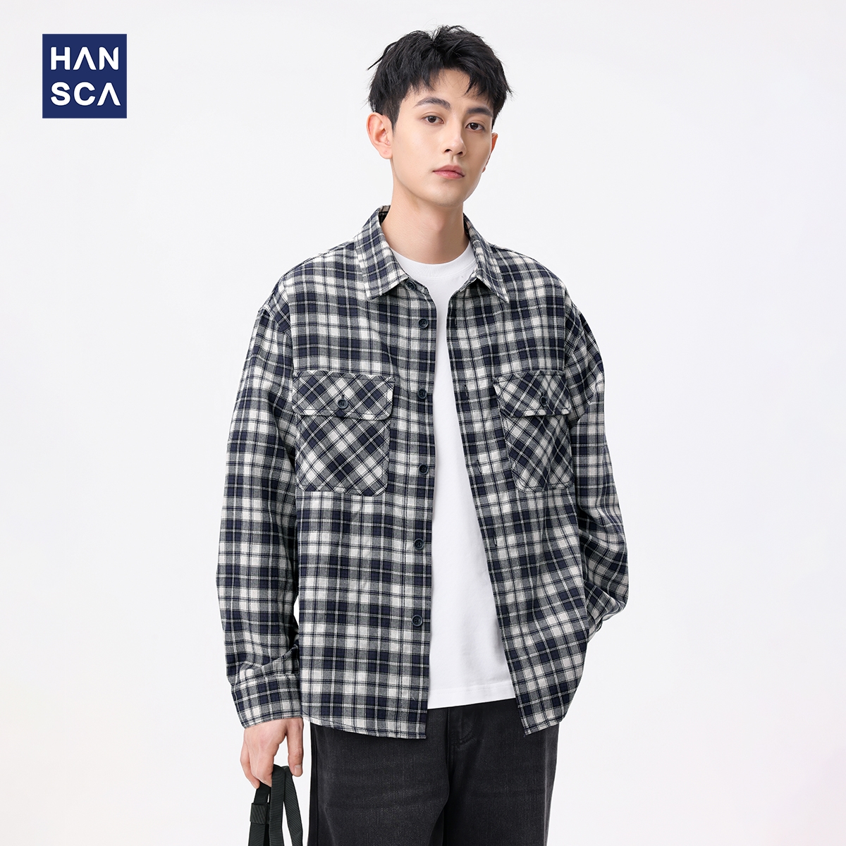 hansca棉麻复古格子衬衫男2025春