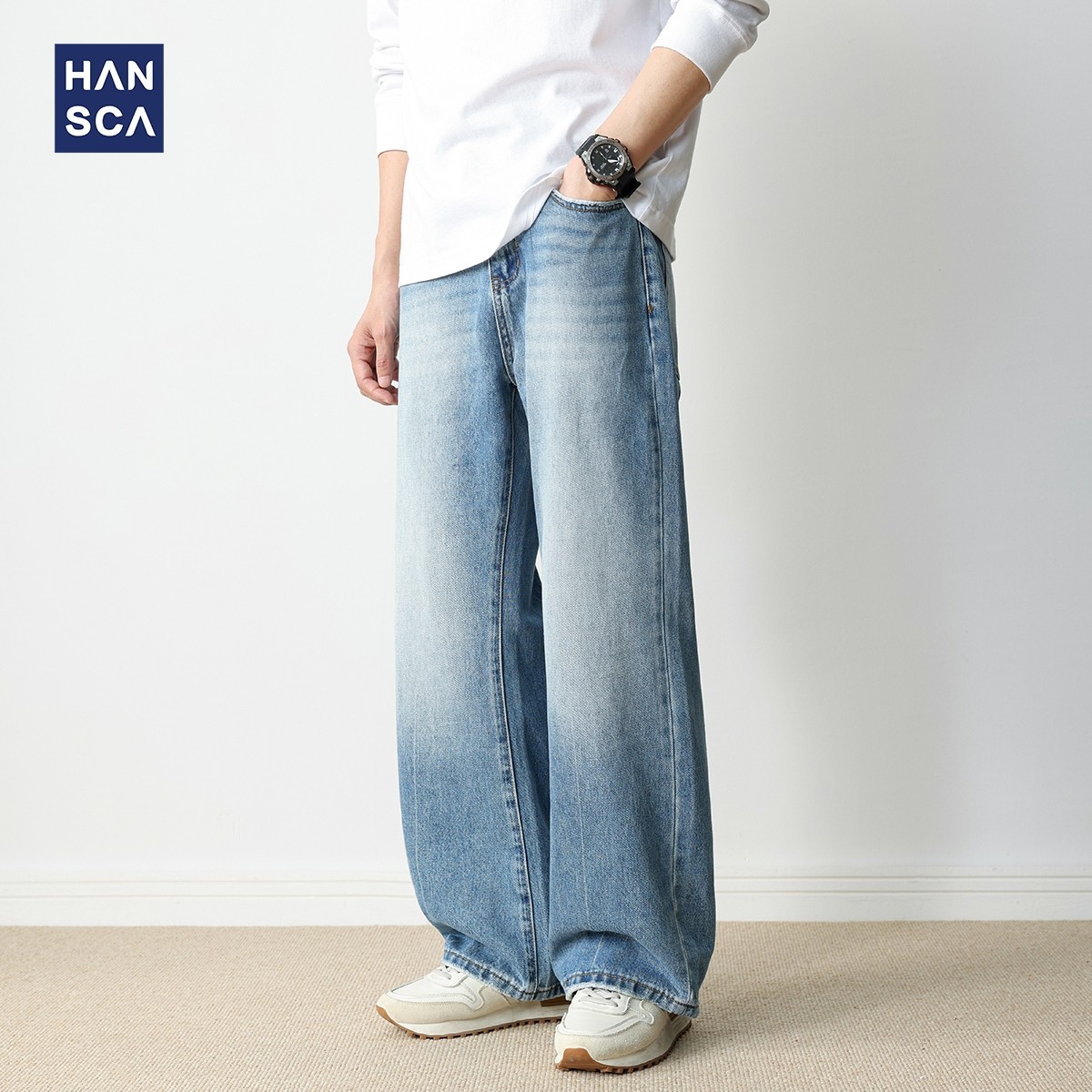 hansca美式微喇牛仔裤男2025秋季宽松直筒水洗浅蓝色休闲大码长裤