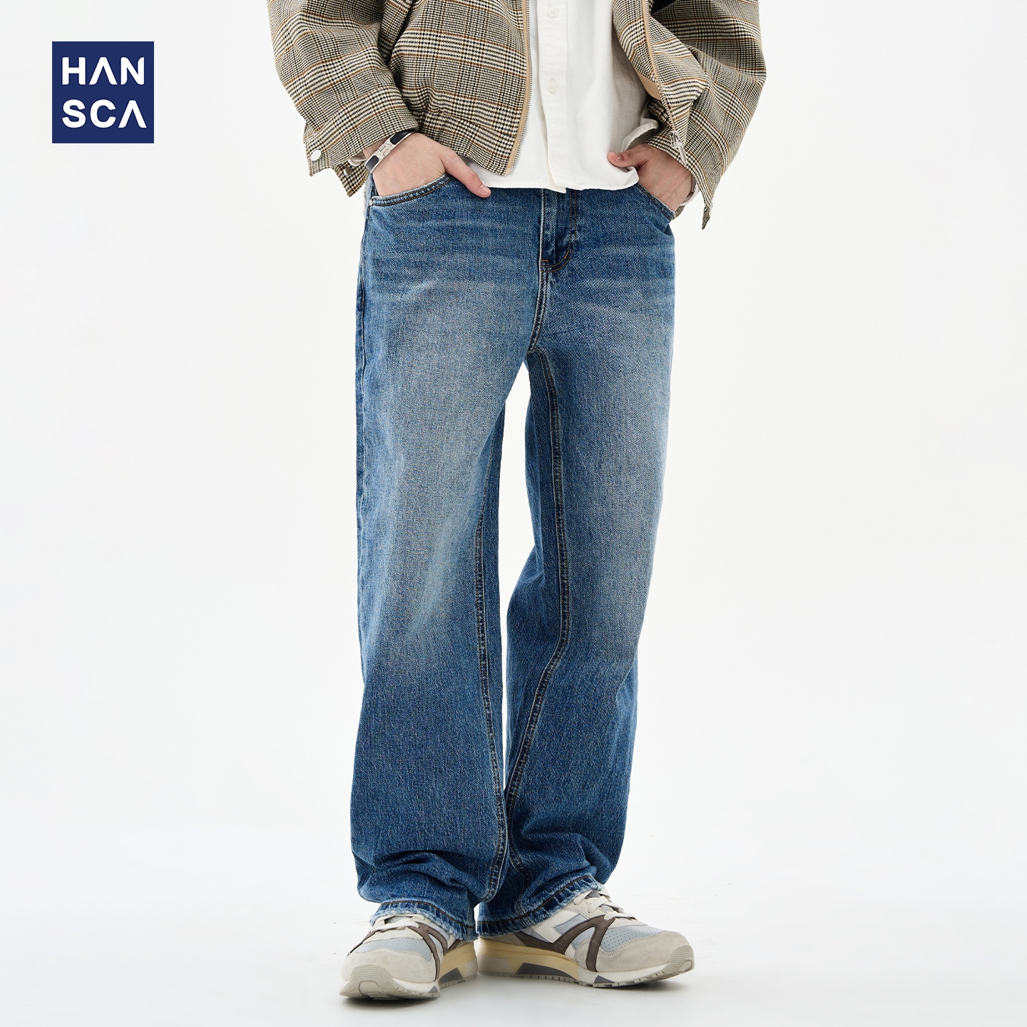 美式直筒水洗男潮牛仔裤