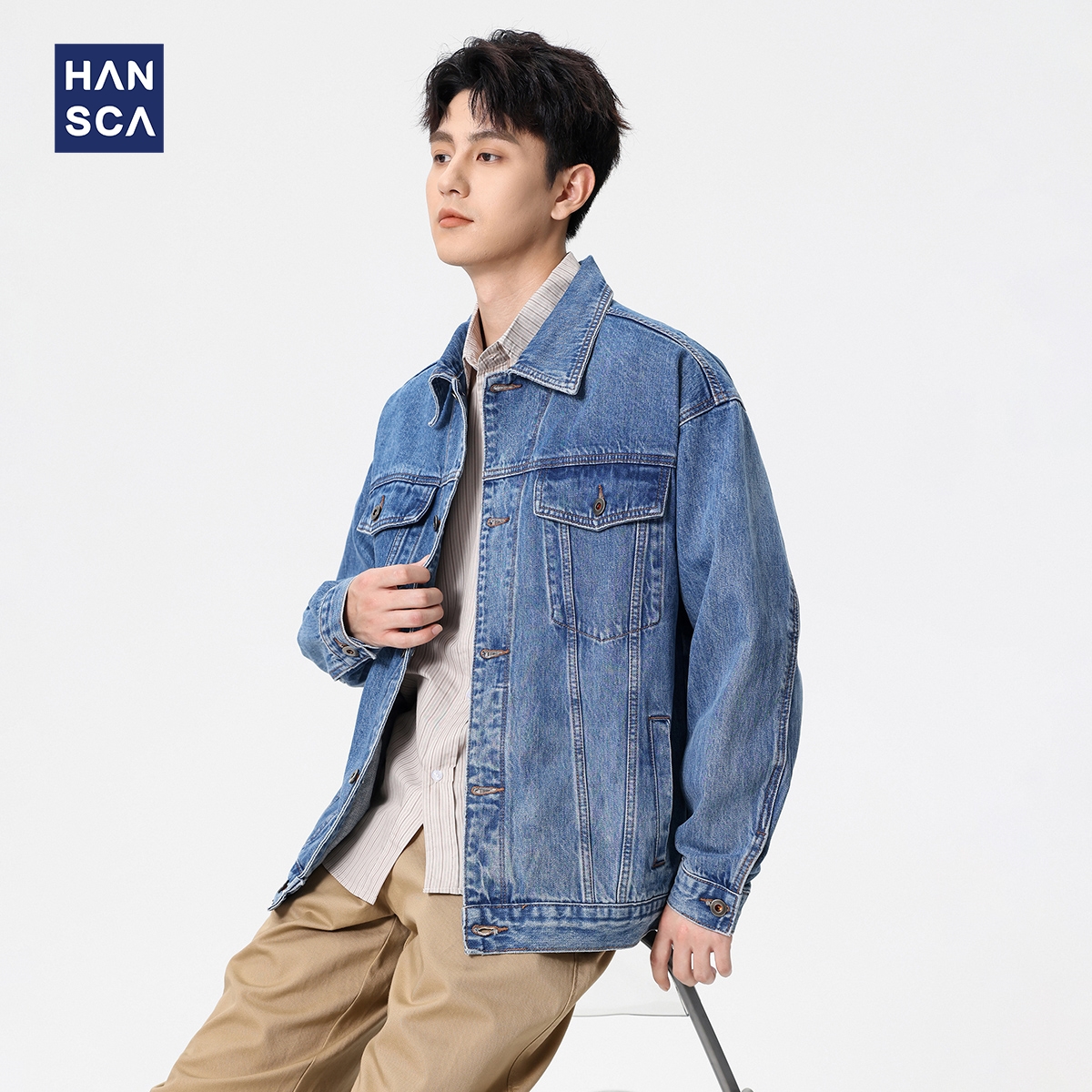 hansca宽松翻领复古水洗牛仔外套