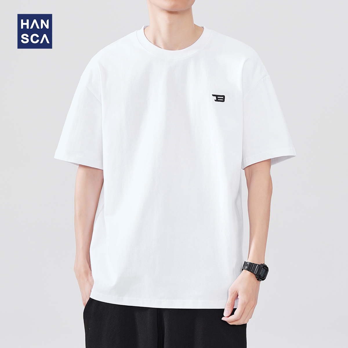 hansca260g重磅白色短袖t恤刺绣